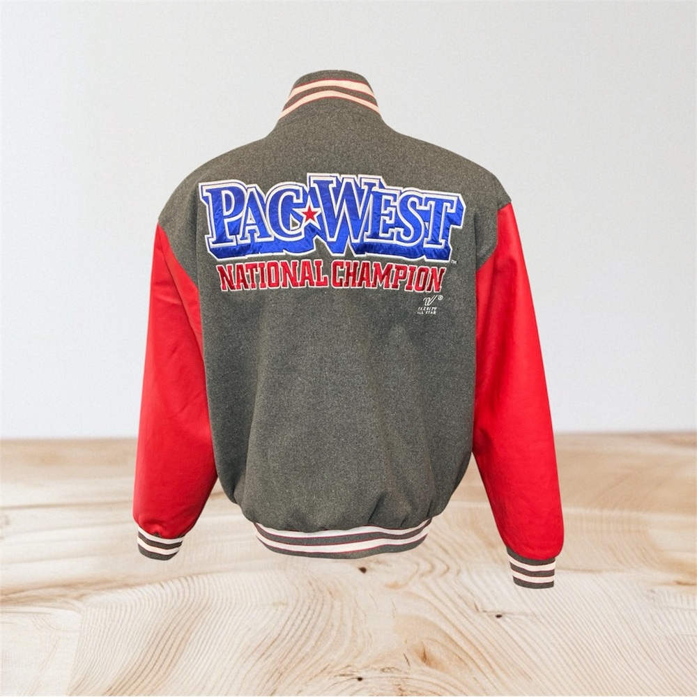 Varsity Pac West Men’s XL National Champ Cheerleader Faux Leather Sleeves Jacket